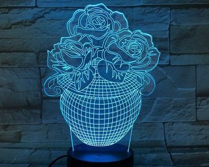 Laser Cut Roses In Vase 3D Acrylic Night Light