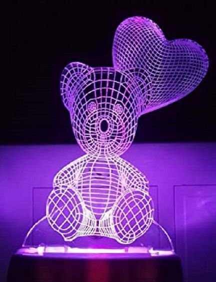 Laser Cut Teddy Bear With Love Heart Balloon 3D Illusion Lamp