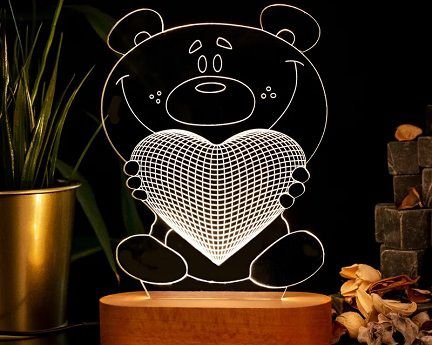 Laser Cut Cute Teddy Bear Holding Heart 3D LED Lamp