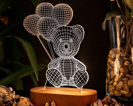 Laser Cut Teddy Bear with Balloons 3D Illusion Lamp