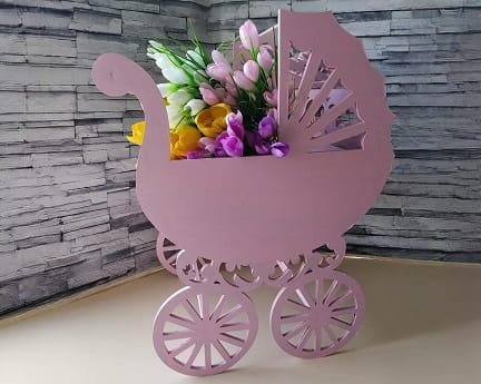 Laser Cut Baby Carriage Flower Basket