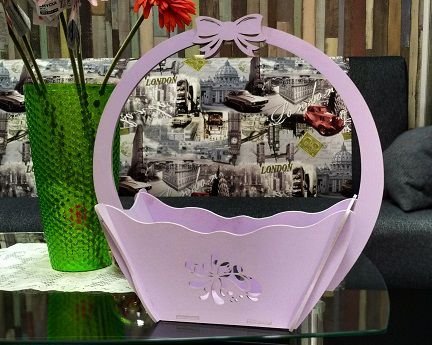 Laser Cut Wavy Flower Basket With Ribbon Bow Handle