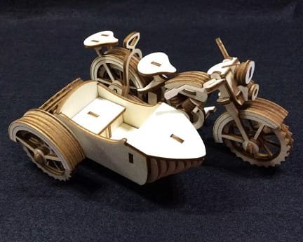 Laser Cut Wooden Motorcycle and Sidecar 3D Model Puzzle Kit