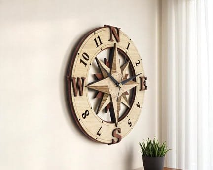 Laser Cut Wooden Compass Wall Clock