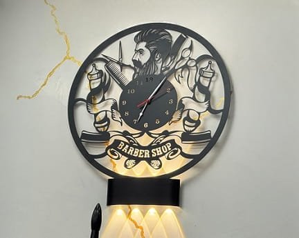 Laser Cut Barbershop Wall Clock with Barber Signs