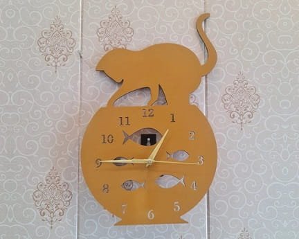 Laser Cut Fish Bowl and Cat Wall Clock for Home Decor