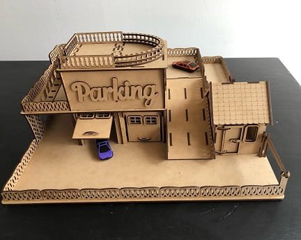 Laser Cut Wooden Toy Garage with Helicopter Deck