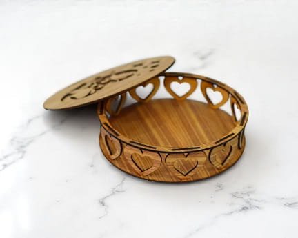 Laser Cut Wooden Round Box with Hearts