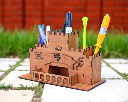Laser Cut Wooden Castle Office Desk Organizer