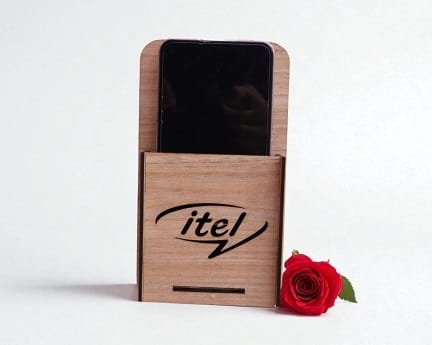 Laser Cut Wooden Wall Mounted Mobile Holder with Itel Logo