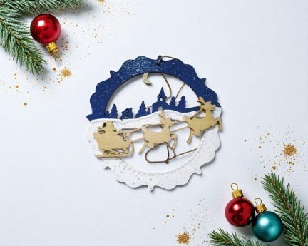 Laser Cut Santa Sleigh Flying over Winter Village Christmas Ornament
