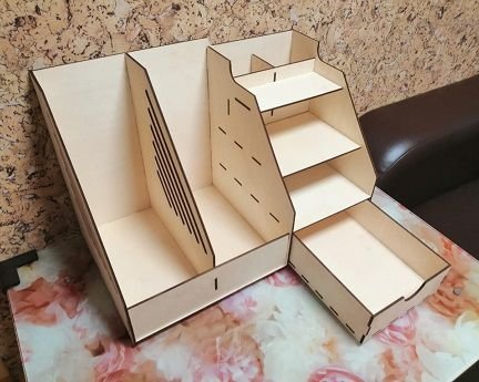 Laser Cut Office Desk Organizer With File Holder, Drawer and Pen Holders