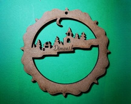 Laser Cut Village Scene Under Crescent Moon Christmas Ornament