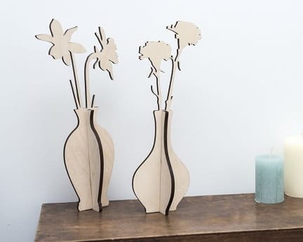 Laser Cut Wooden Vase With Flowers Desktop Decor